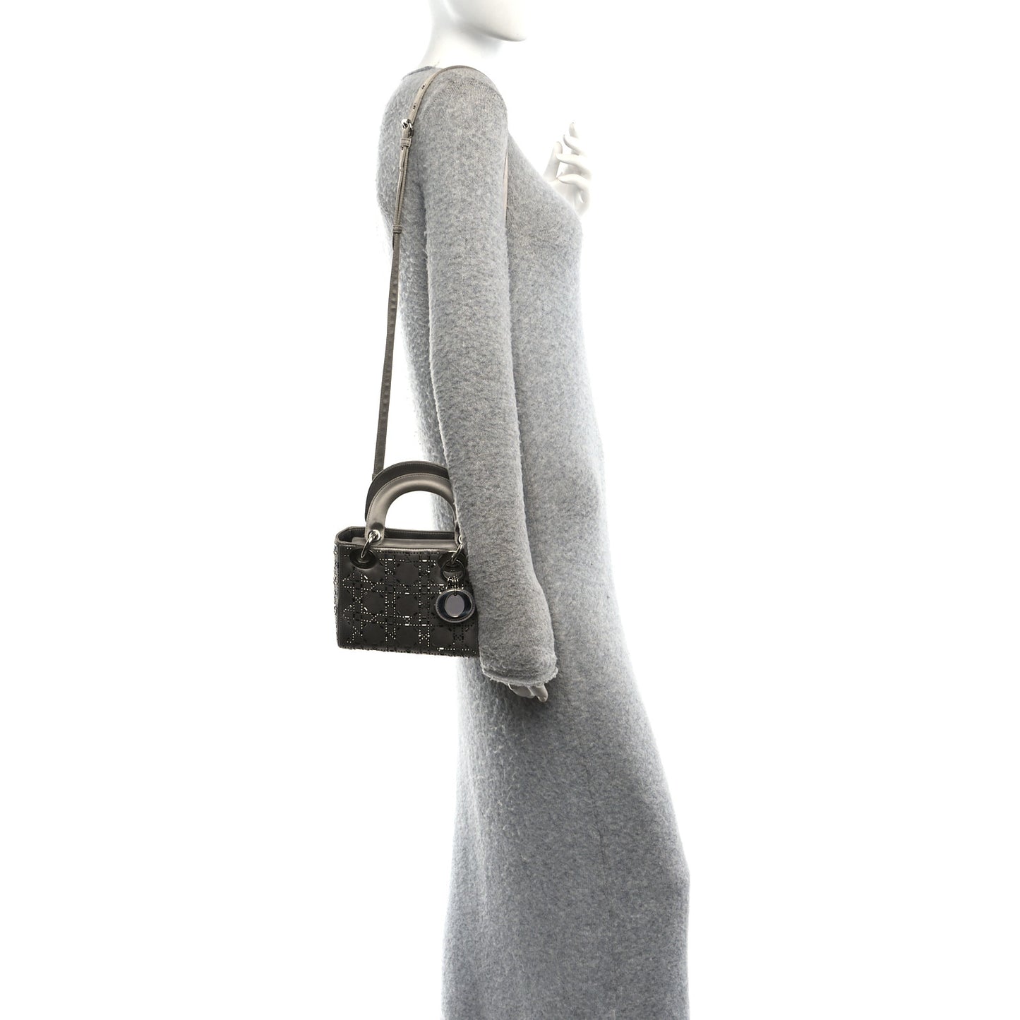 Satin Crystal Cannage Mini Lady Dior Gray