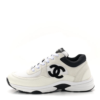Chanel Mesh Suede Grained Calfskin Womens CC Sneakers 38 Black White 1 of 8