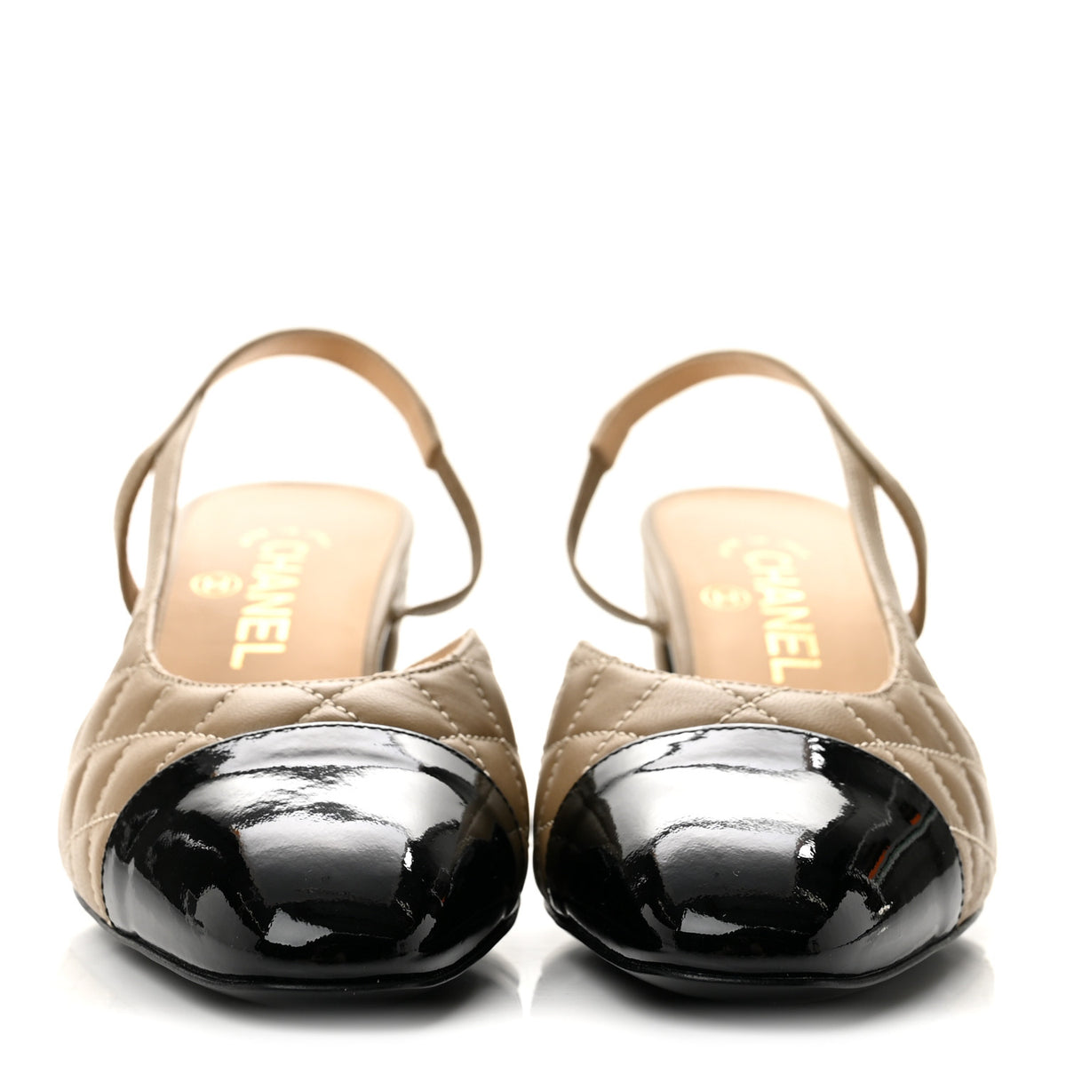 Chanel Lambskin Patent Calfskin Quilted Cap Toe CC Slingback Pumps 37.5 Beige Black 3 of 9