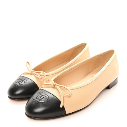 Chanel Lambskin Cap Toe CC Ballerina Flats 37.5 Beige Black 4 of 10