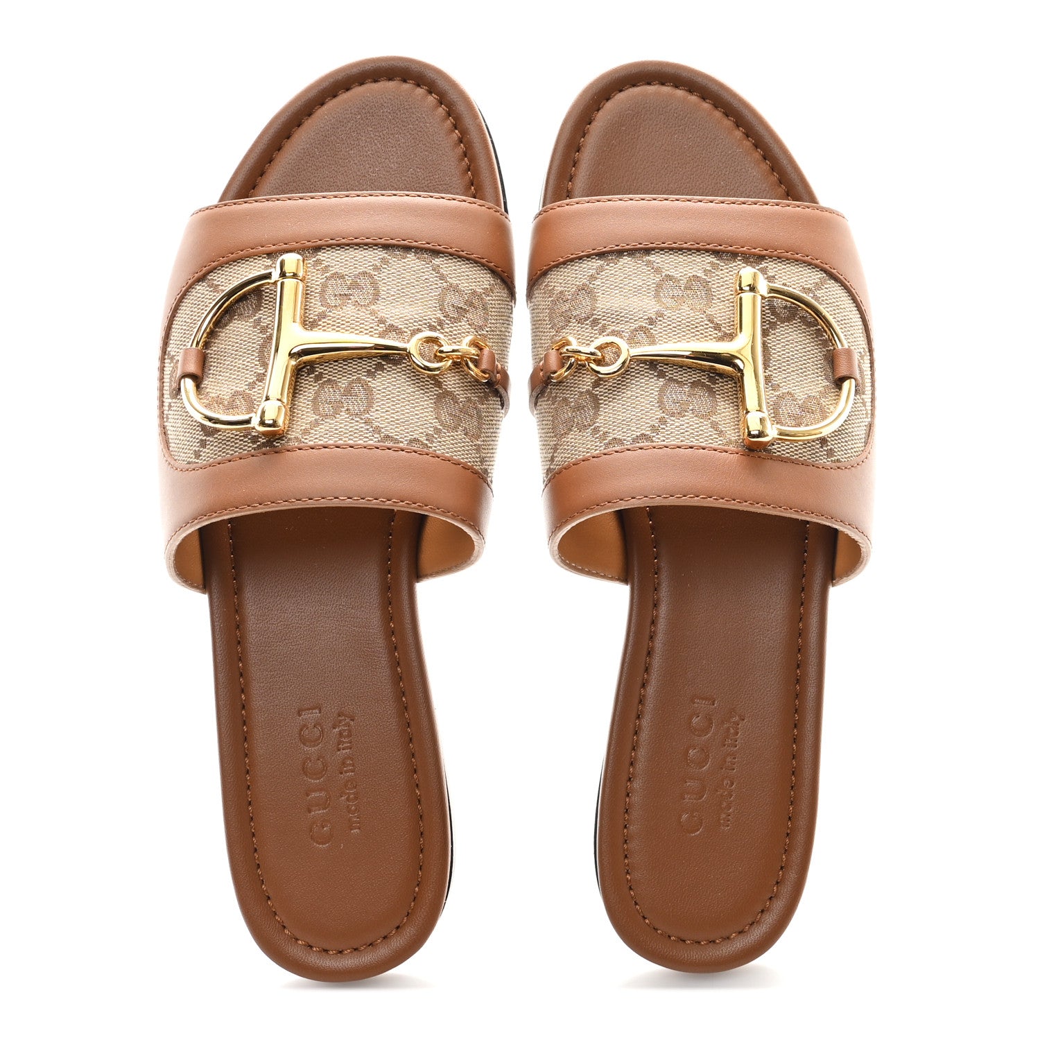 Gucci Calfskin Monogram Horsebit Womens Slide Sandals 37.5 Beige Ebony Sundial 3 of 10