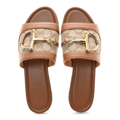 Gucci Calfskin Monogram Horsebit Womens Slide Sandals 37.5 Beige Ebony Sundial 3 of 10