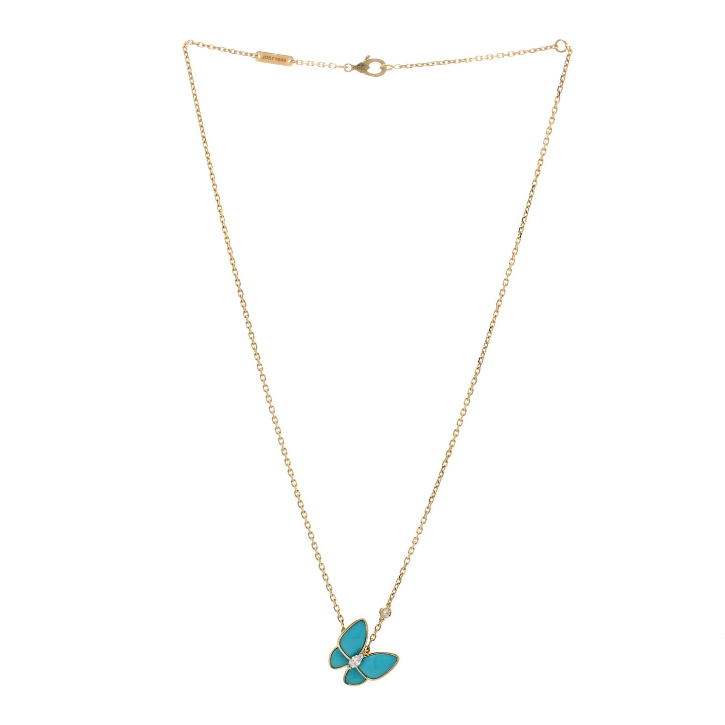 18K Yellow Gold Diamond Turquoise Two Butterfly Pendant Necklace