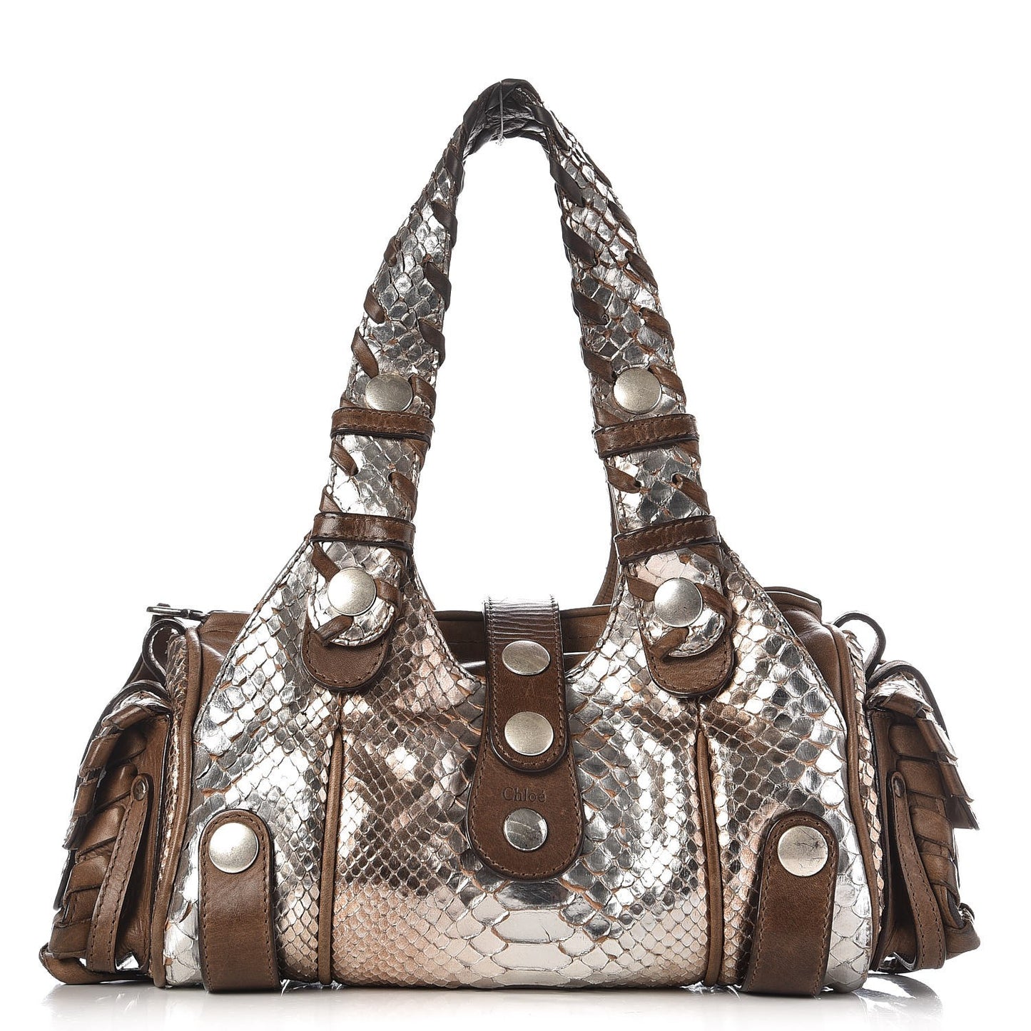 Metallic Python Calfskin Silverado Shoulder Bag Silver Brown