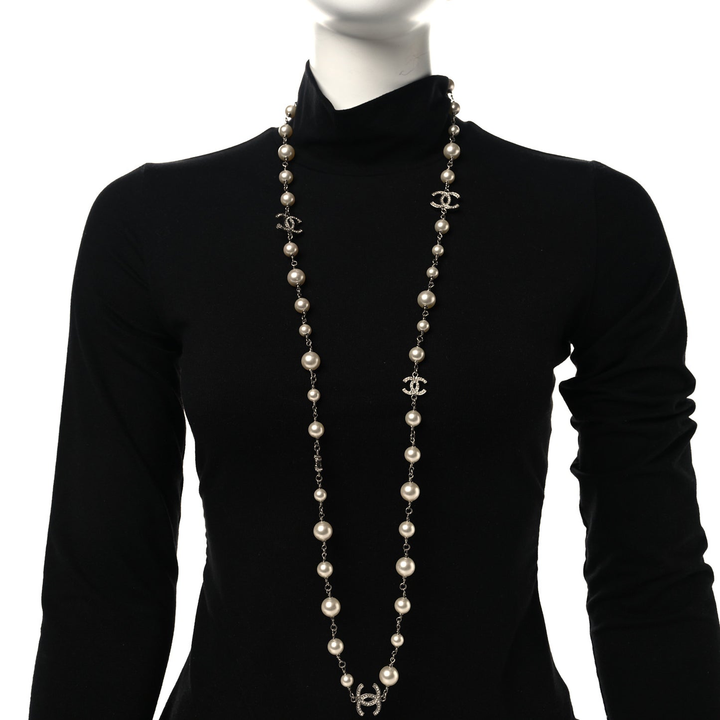 Crystal Pearl CC Long Necklace Silver