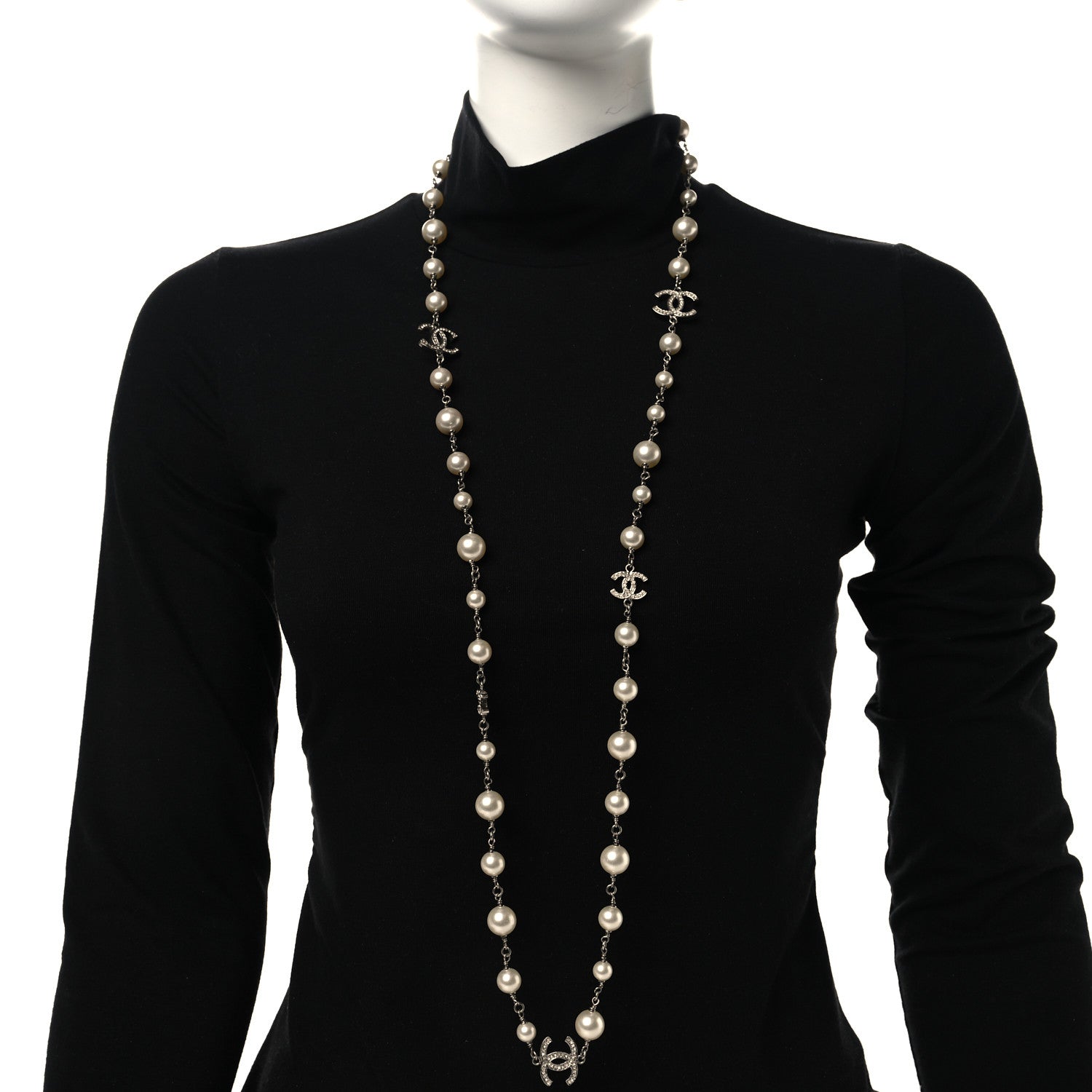Chanel Crystal Pearl CC Long Necklace Silver 2 of 5