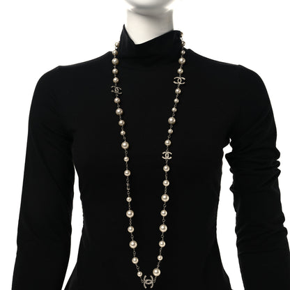 Chanel Crystal Pearl CC Long Necklace Silver 2 of 5