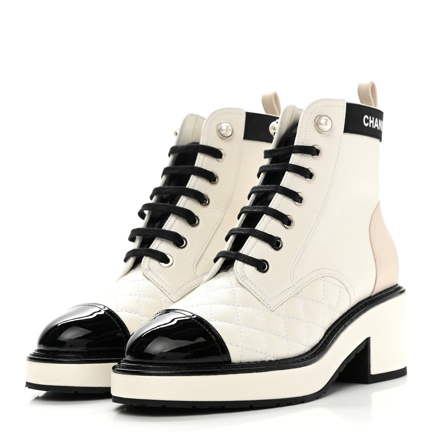 Pearly Calfskin Patent Calfskin Quilted Lace Up Boots 35 White Light Gray Black