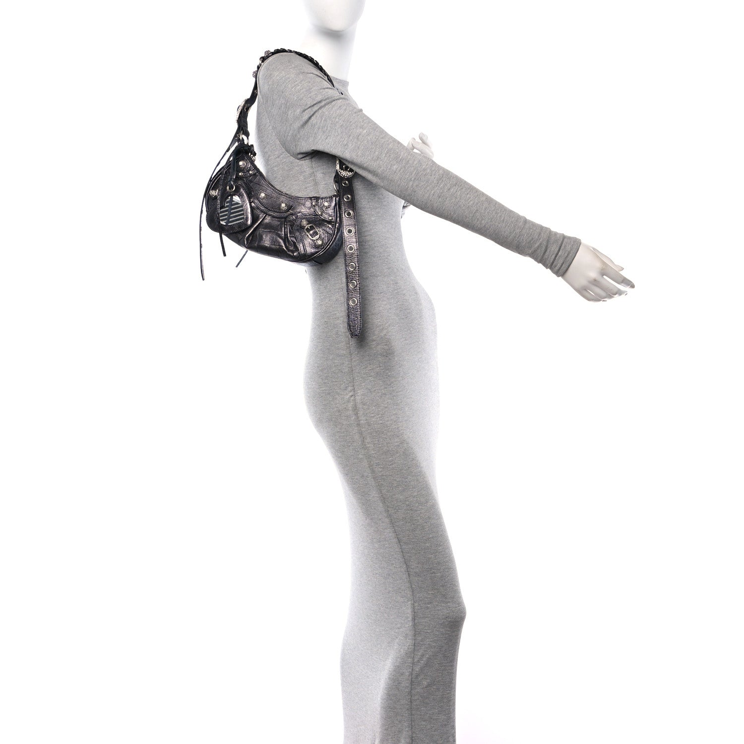 Balenciaga Extra Supple Calfskin Crystal Crocodile Embossed Le Cagole Shoulder Bag XS Gunmetal 2 of 11
