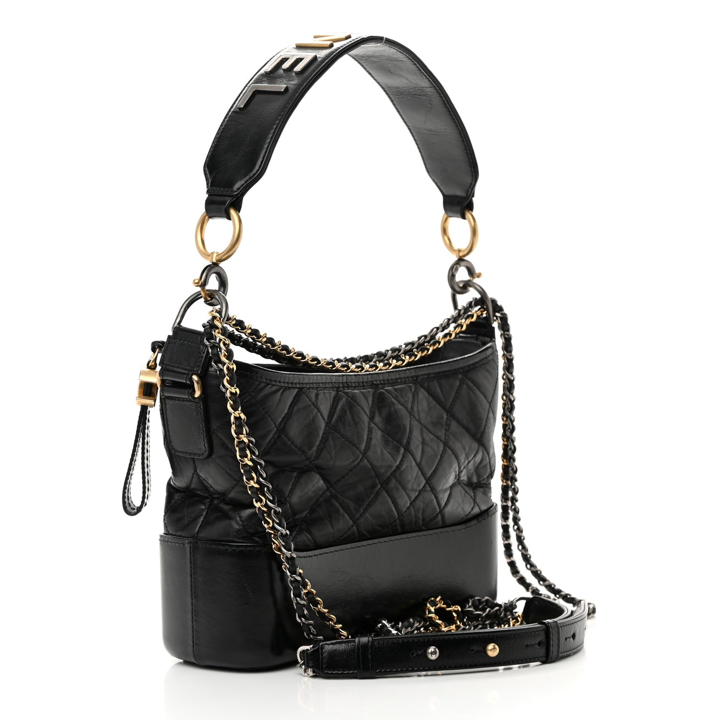 Aged Smooth Calfskin Quilted Medium Gabrielle Logo Hobo Black