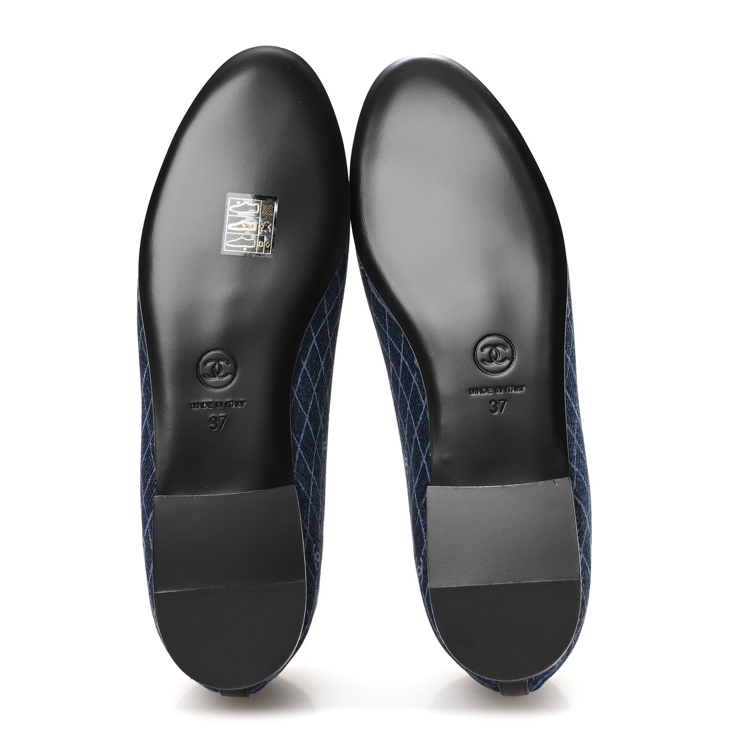 Chanel Denim Printed Quilt CC Cap Toe Ballerina Flats 37 Navy Blue Dark Grey 6 of 9