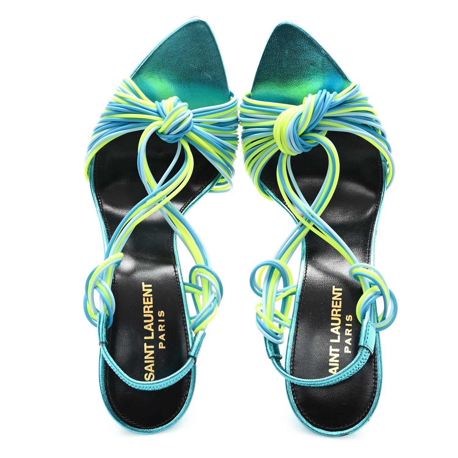 Saint Laurent Metallic Calfskin Gippy 105 Sandals 38.5 Cerulean Giallo Fluo 2 of 8