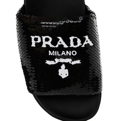 Prada Paillettes Sequin Logo Slide Sandals 39 Black 6 of 9