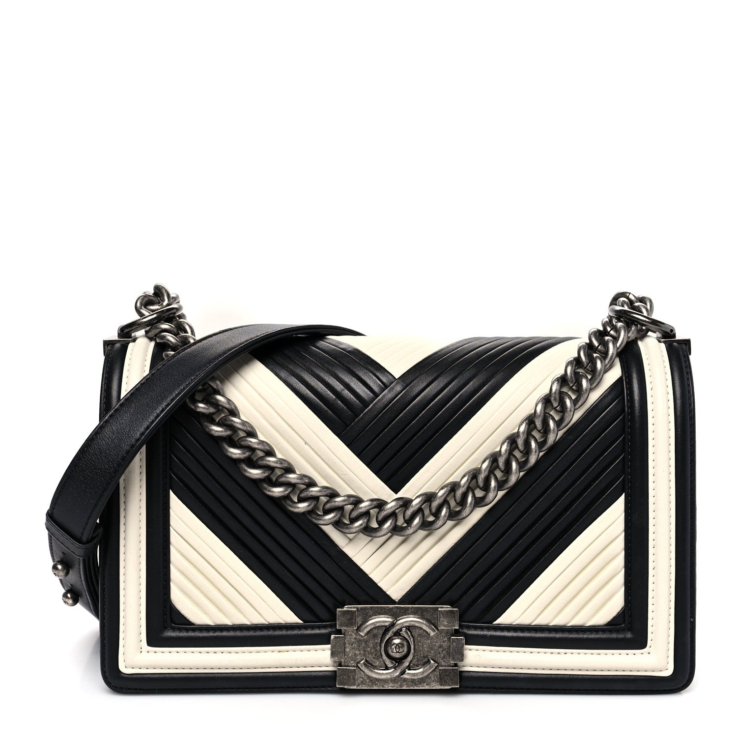 Chanel Calfskin Pleated Medium Boy In Rome Flap Black White 1 of 8