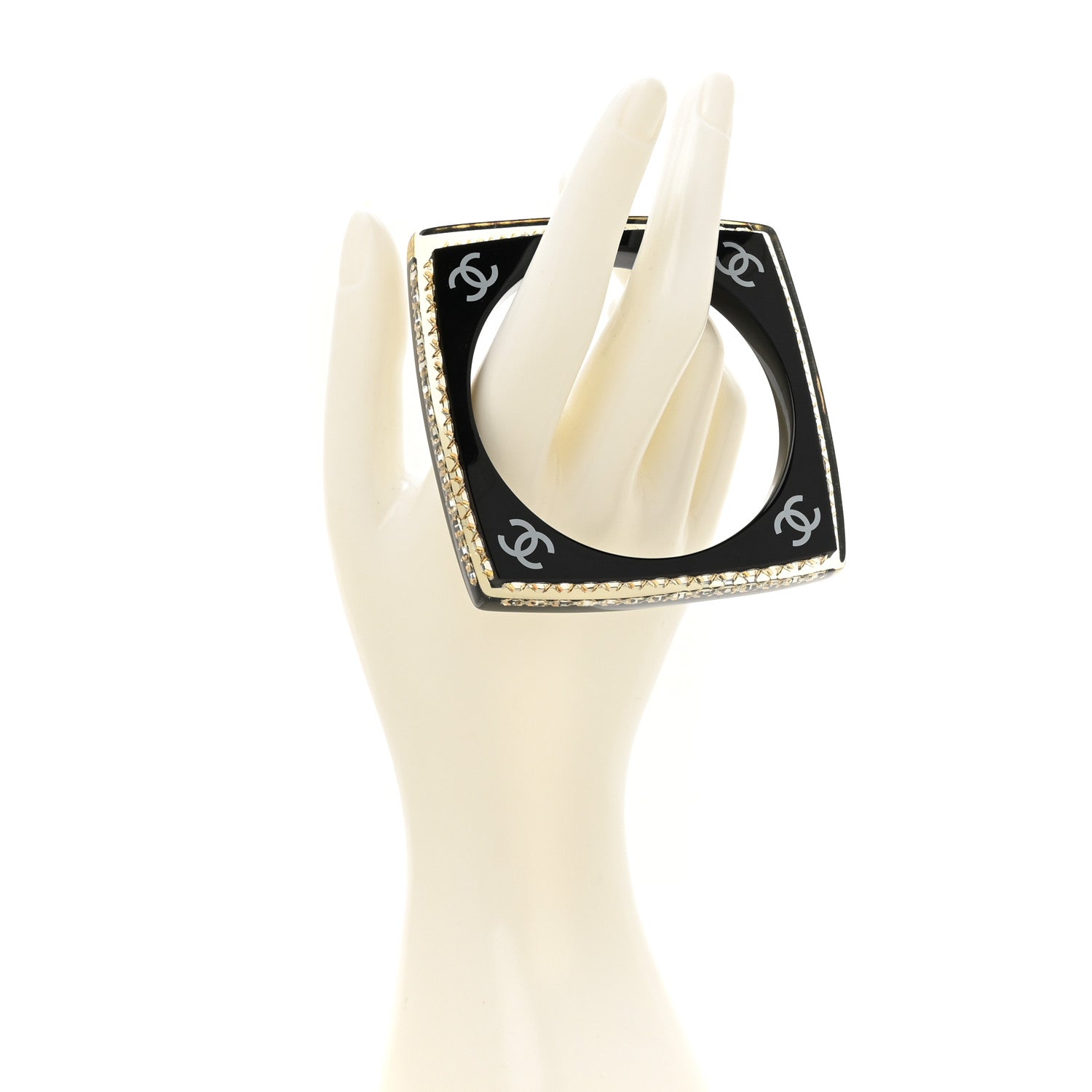 Chanel Resin Crystal CC Square Bangle Bracelet Black 2 of 5