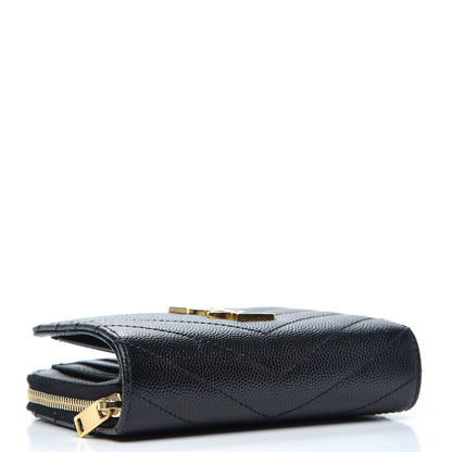 Saint Laurent Grain De Poudre Matelasse Chevron Monogram Compact Zip Around Wallet Black 4 of 7