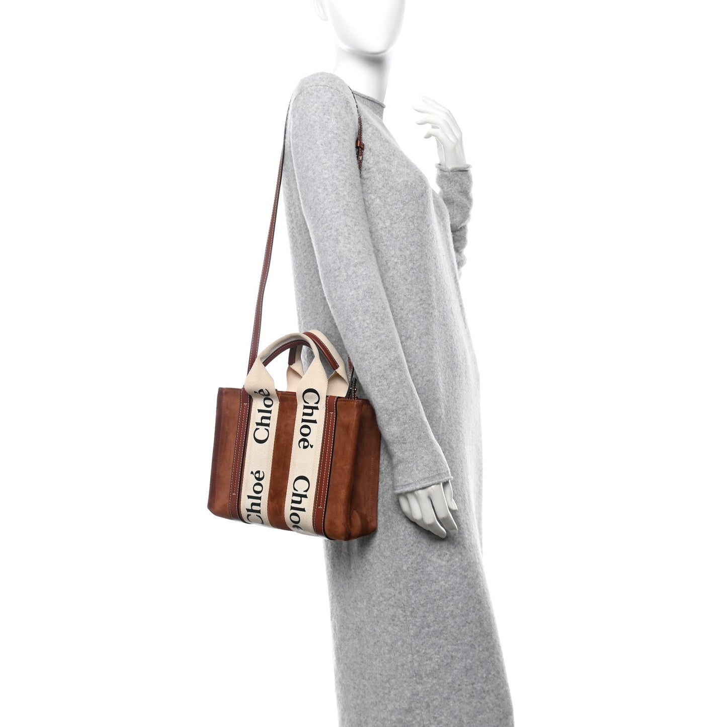 Suede Calfskin Small Woody Ribbon Tote Sepia Brown