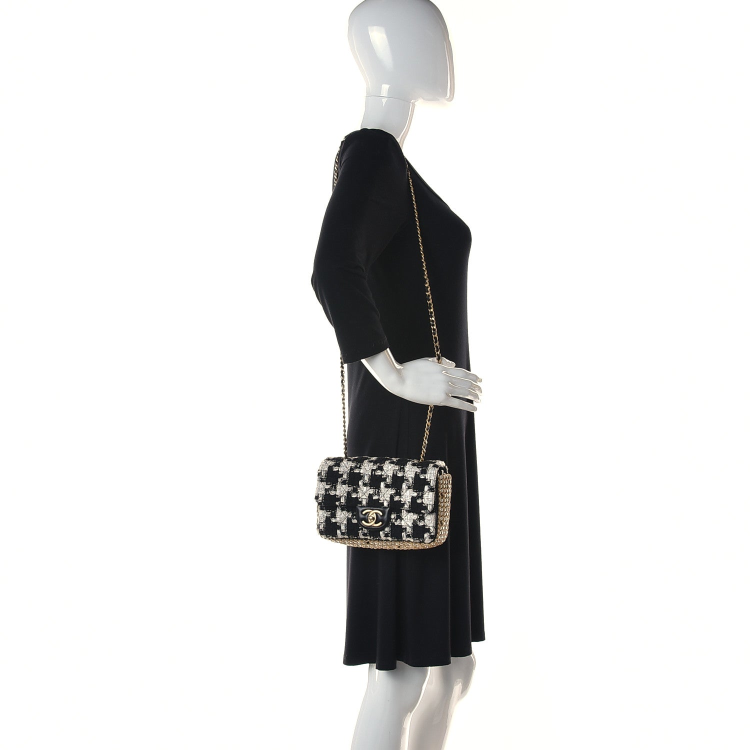 Chanel Tweed Quilted Mini Side Pearl Flap Bag Black Ecru White 2 of 13
