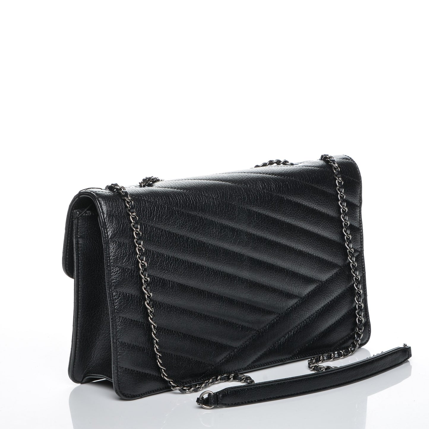 Shiny Goatskin Chevron Quilted Gabrielle Flap Black