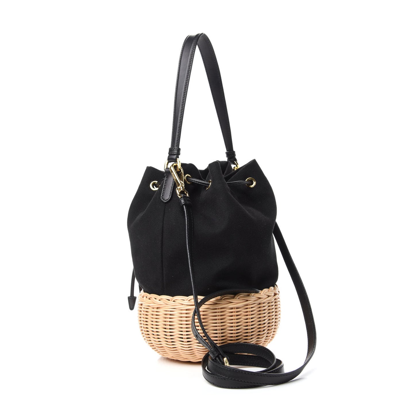 Wicker Canvas Bucket Bag Black