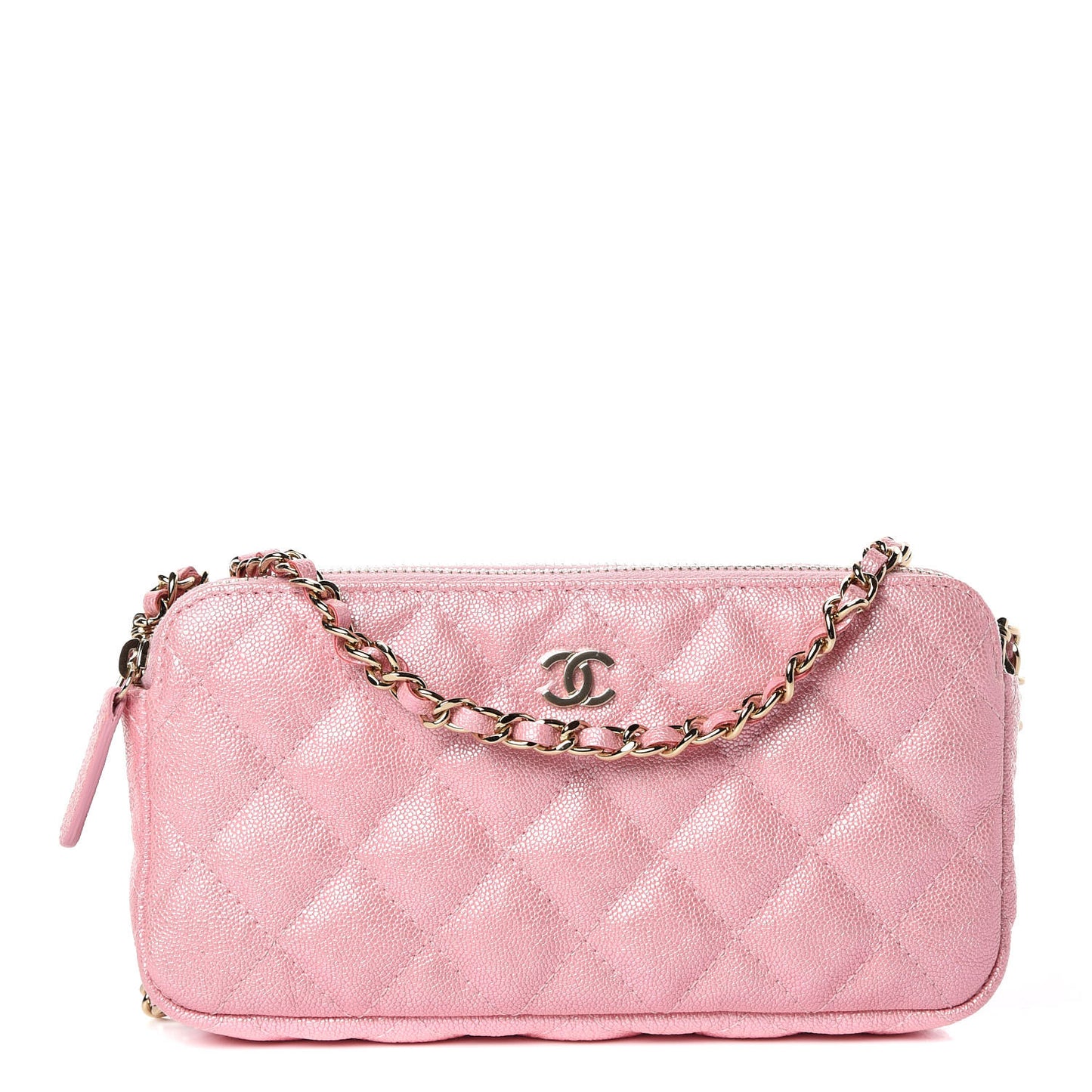 Iridescent Caviar Quilted Small Clutch With Chain Pink
