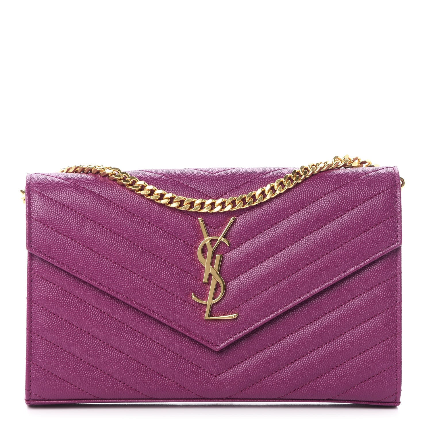 Saint Laurent Grain De Poudre Matelasse Chevron Monogram Chain Wallet Dark Grape 1 of 9