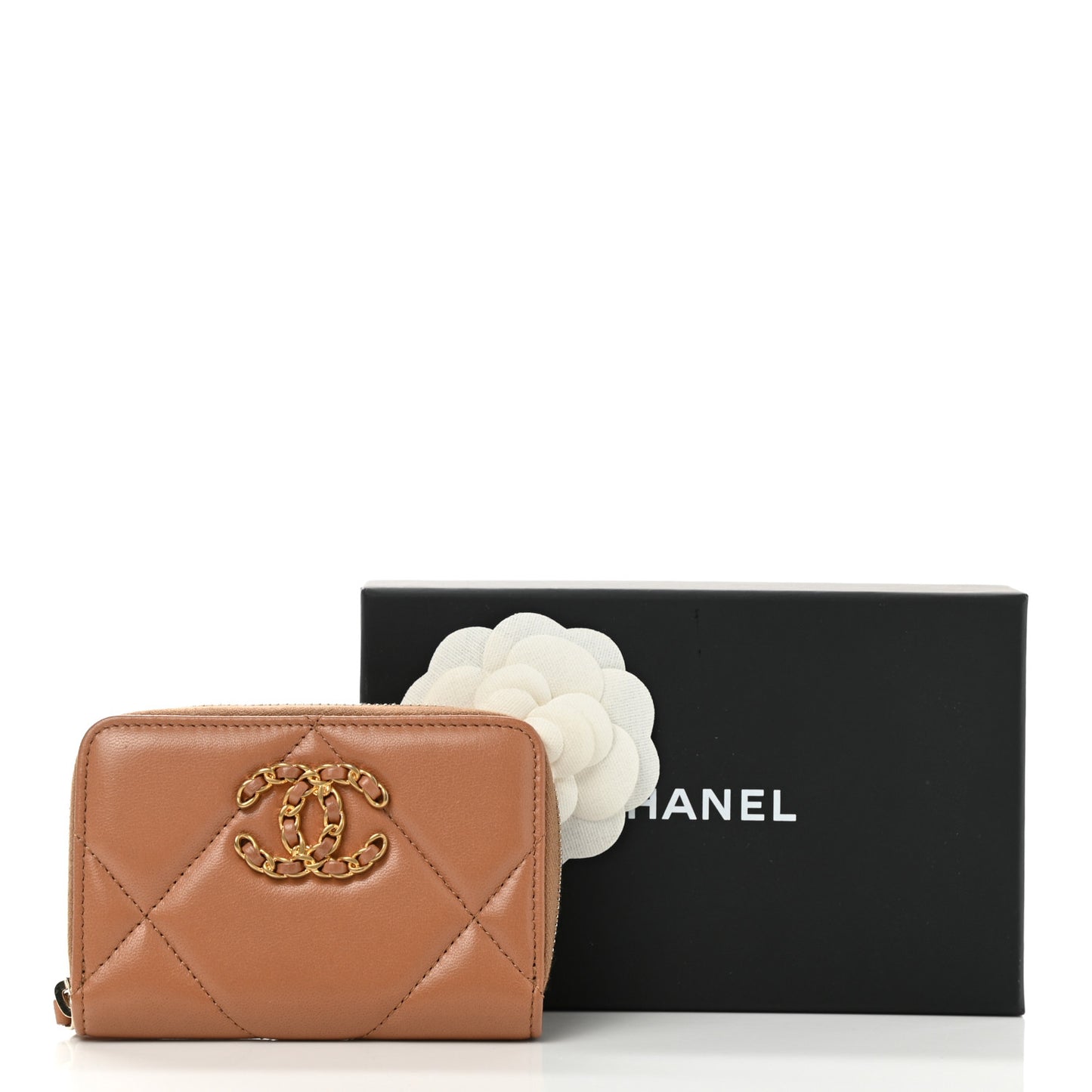 Lambskin Quilted Chanel 19 Zip Around Coin Purse Wallet Brown