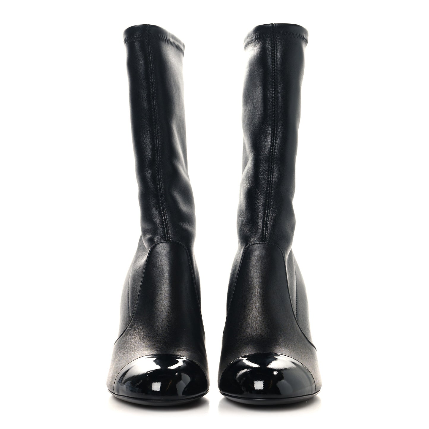 Stretch Lambskin Patent Cap Toe Pearl Ball Mid Calf Boots 36.5 Black