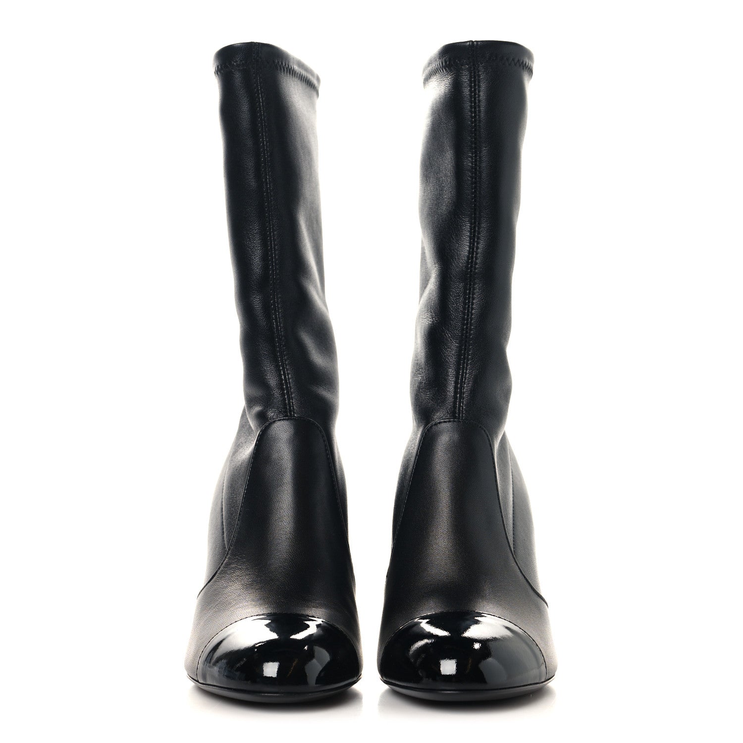 Chanel Stretch Lambskin Patent Cap Toe Pearl Ball Mid Calf Boots 36.5 Black 2 of 8