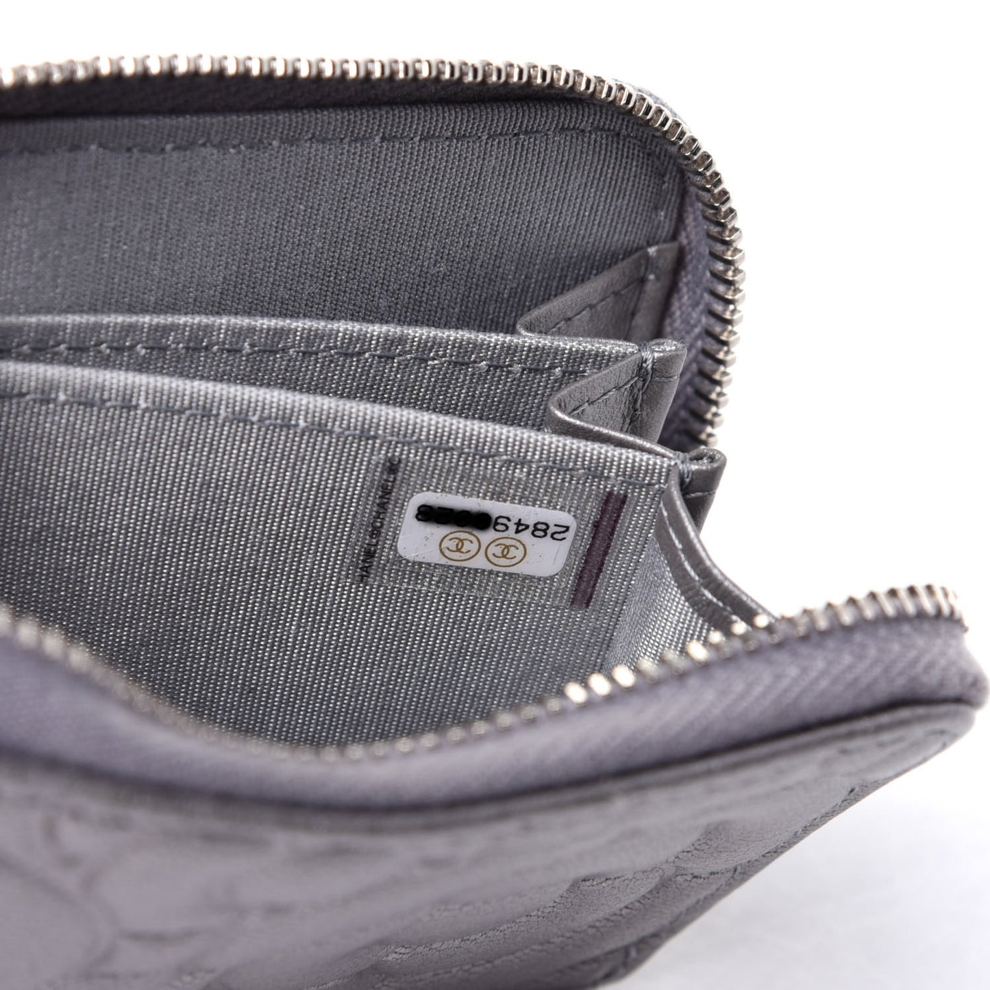 Goatskin Camellia Embossed Zip Coin Purse Silver