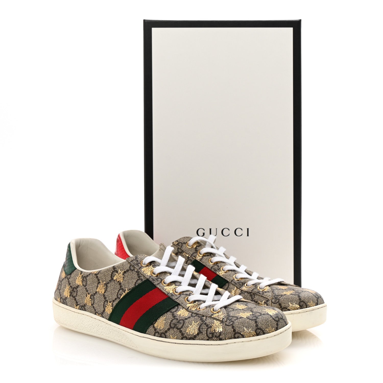 Gucci GG Supreme Monogram Bees Ayers Web Mens Ace Sneakers 9 Beige Oro Green Red 9 of 9