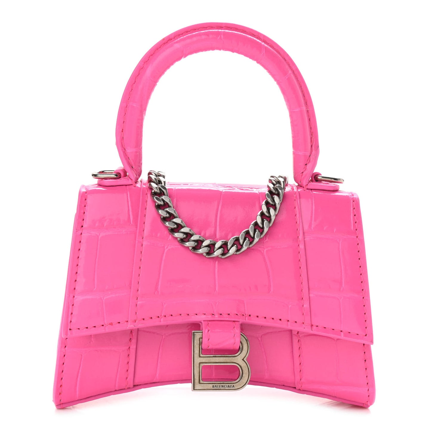 Shiny Calfskin Crocodile Embossed Hourglass Top Handle Bag Mini with Chain Neon Pink