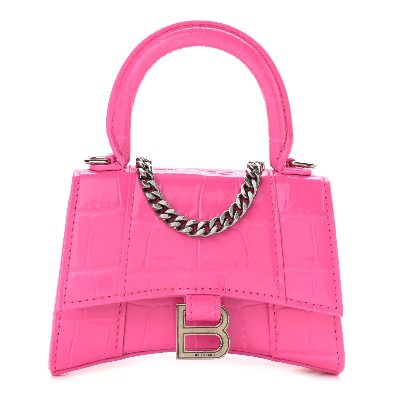 Balenciaga Shiny Calfskin Crocodile Embossed Hourglass Top Handle Bag Mini with Chain Neon Pink 1 of 10