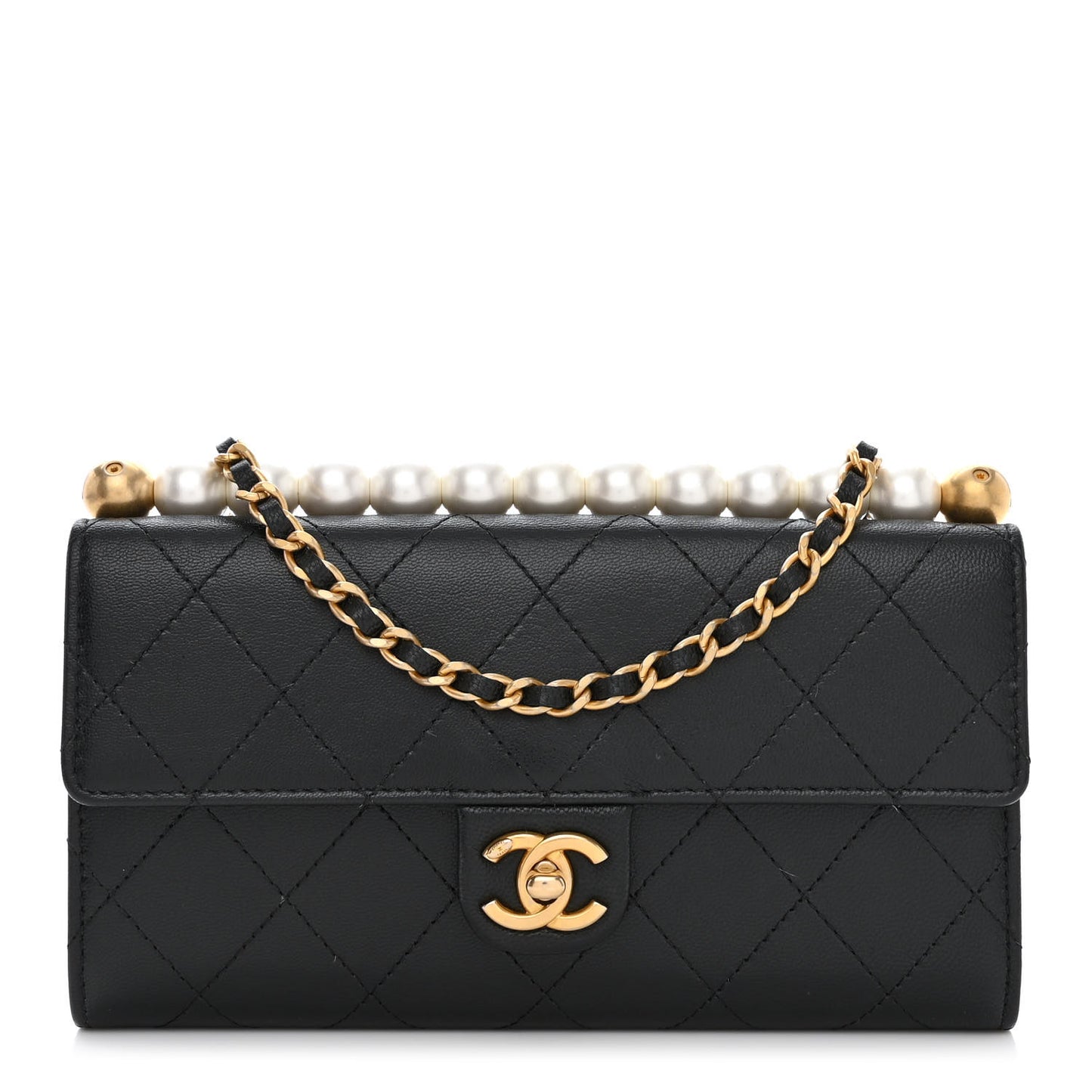 Goatskin Quilted Chic Pearls Clutch With Chain Black
