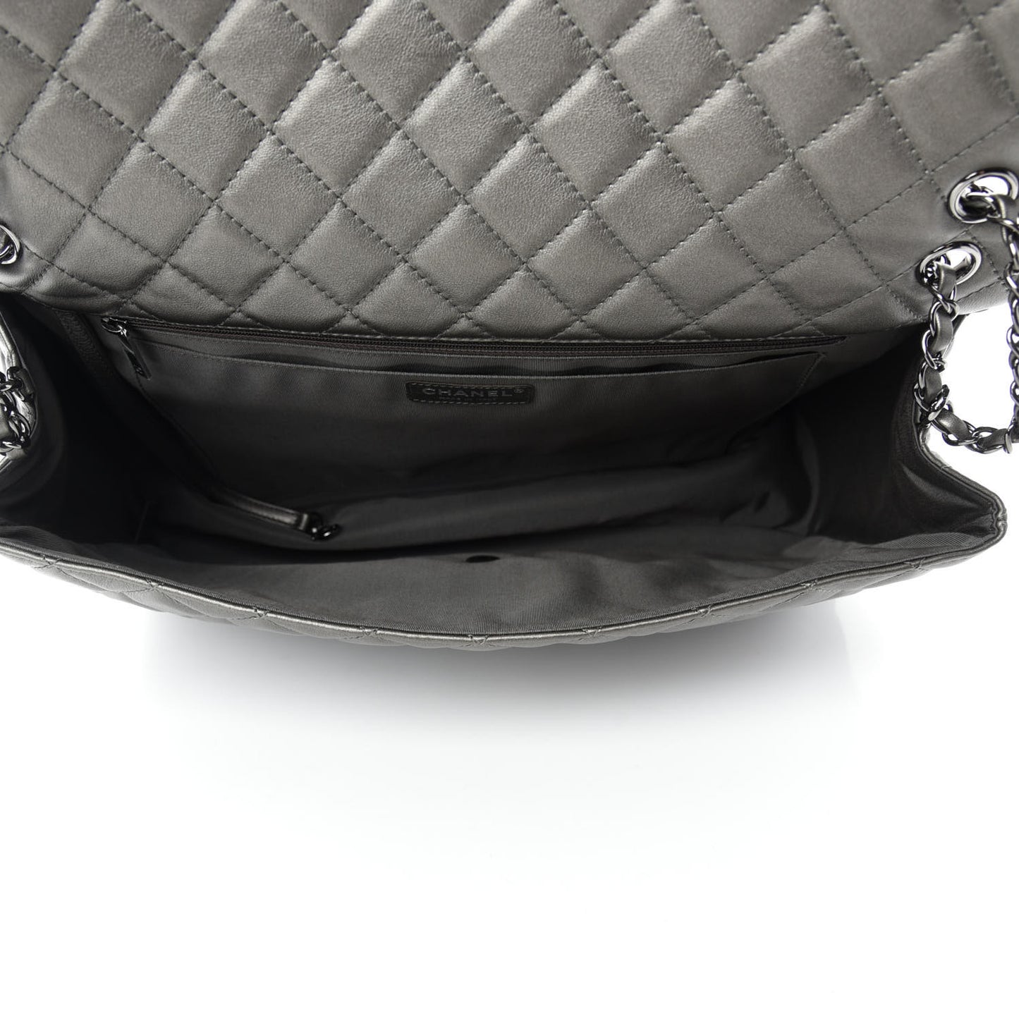 Metallic Calfskin Quilted Small XXL Travel Flap Bag Dark Silver