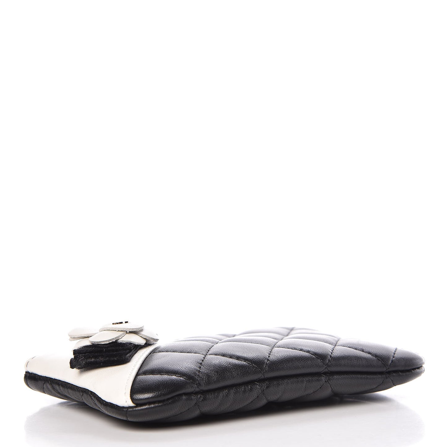 Lambskin Quilted Small Camellia Cosmetic Pouch Black White