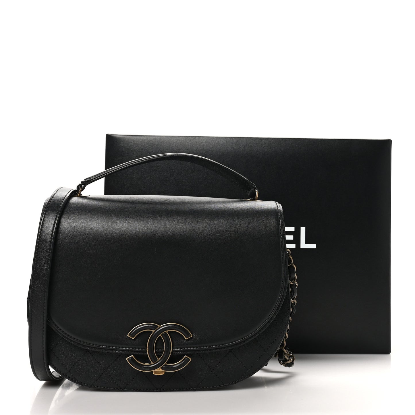 Shiny Calfskin Goatskin Quilted Medium Coco Curve Messenger Flap Black