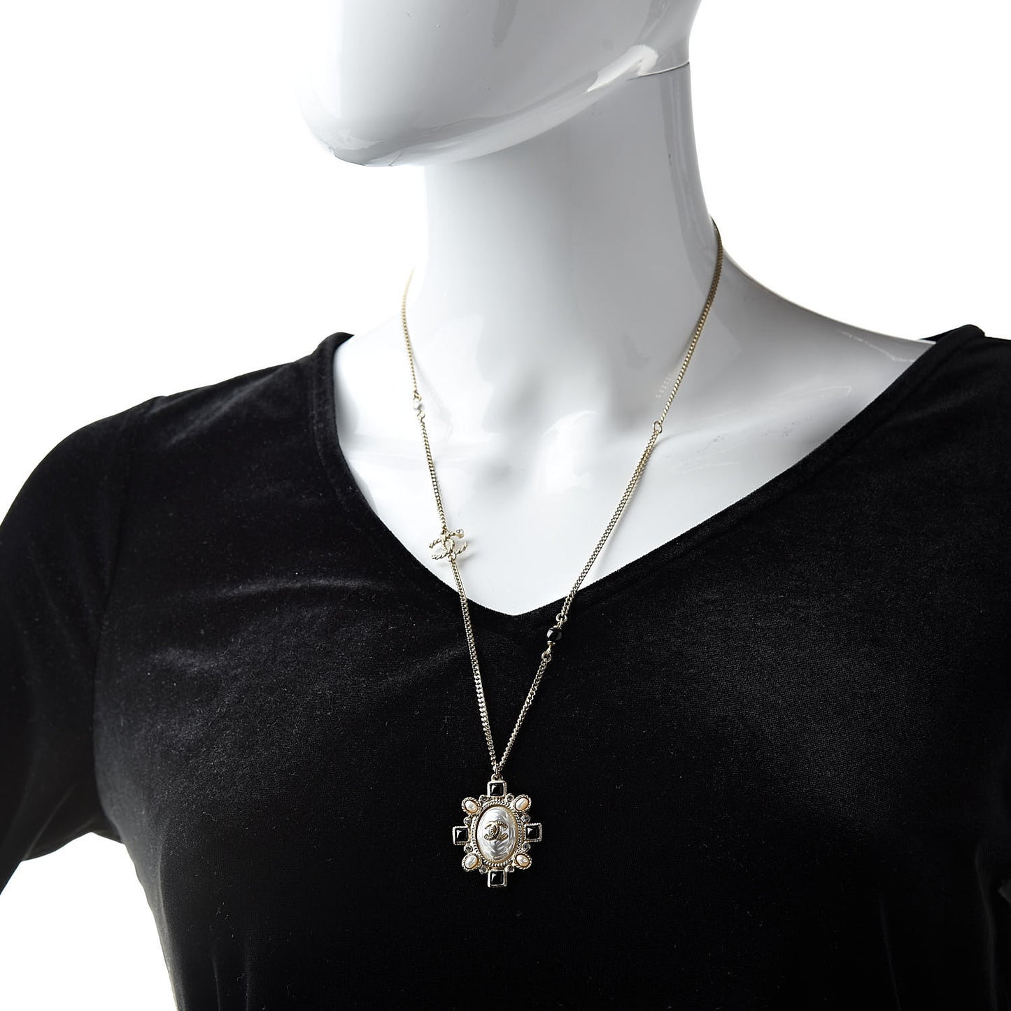 Crystal Pearl Beaded CC Long Necklace Black Gold
