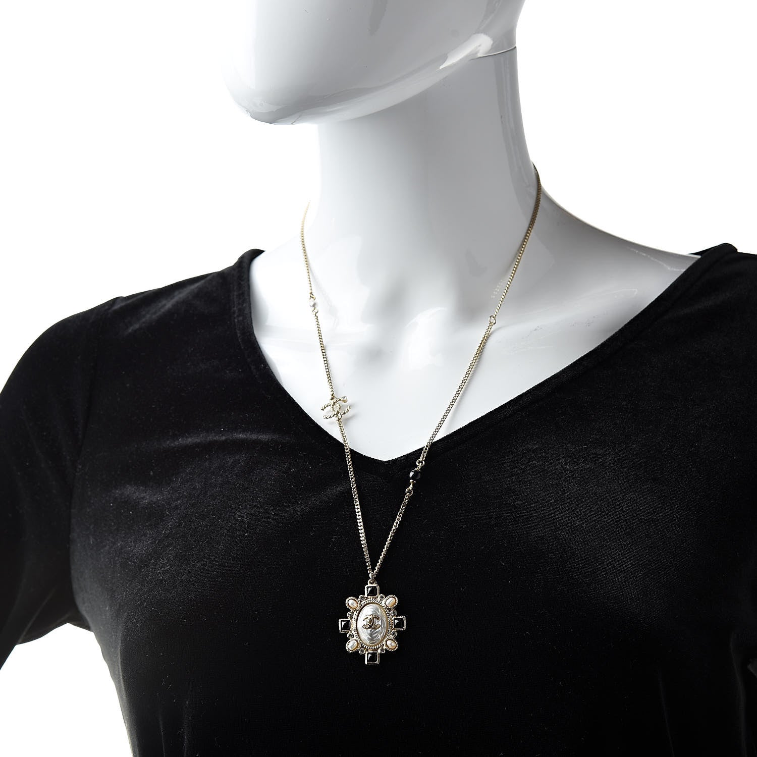 Chanel Crystal Pearl Beaded CC Long Necklace Black Gold 2 of 5