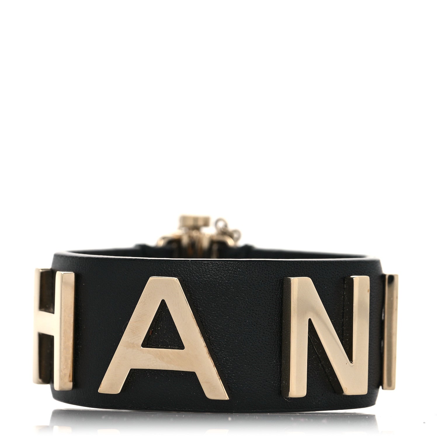 Chanel Calfskin Logo Cuff Bracelet M Black Gold 1 of 9