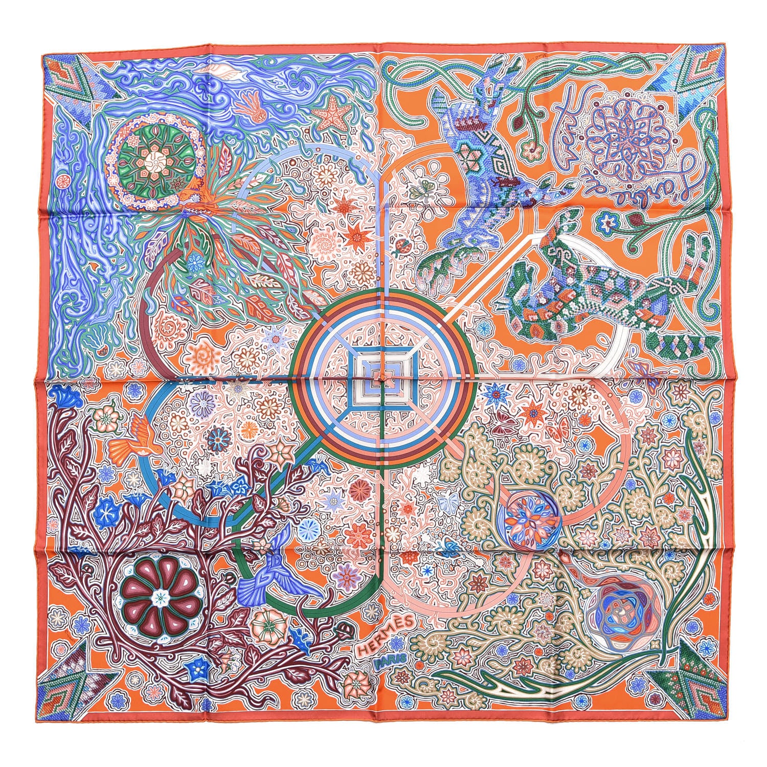 Hermes Silk Arbre Du Vent Scarf 90 Orange Lavande Vert 1 of 6