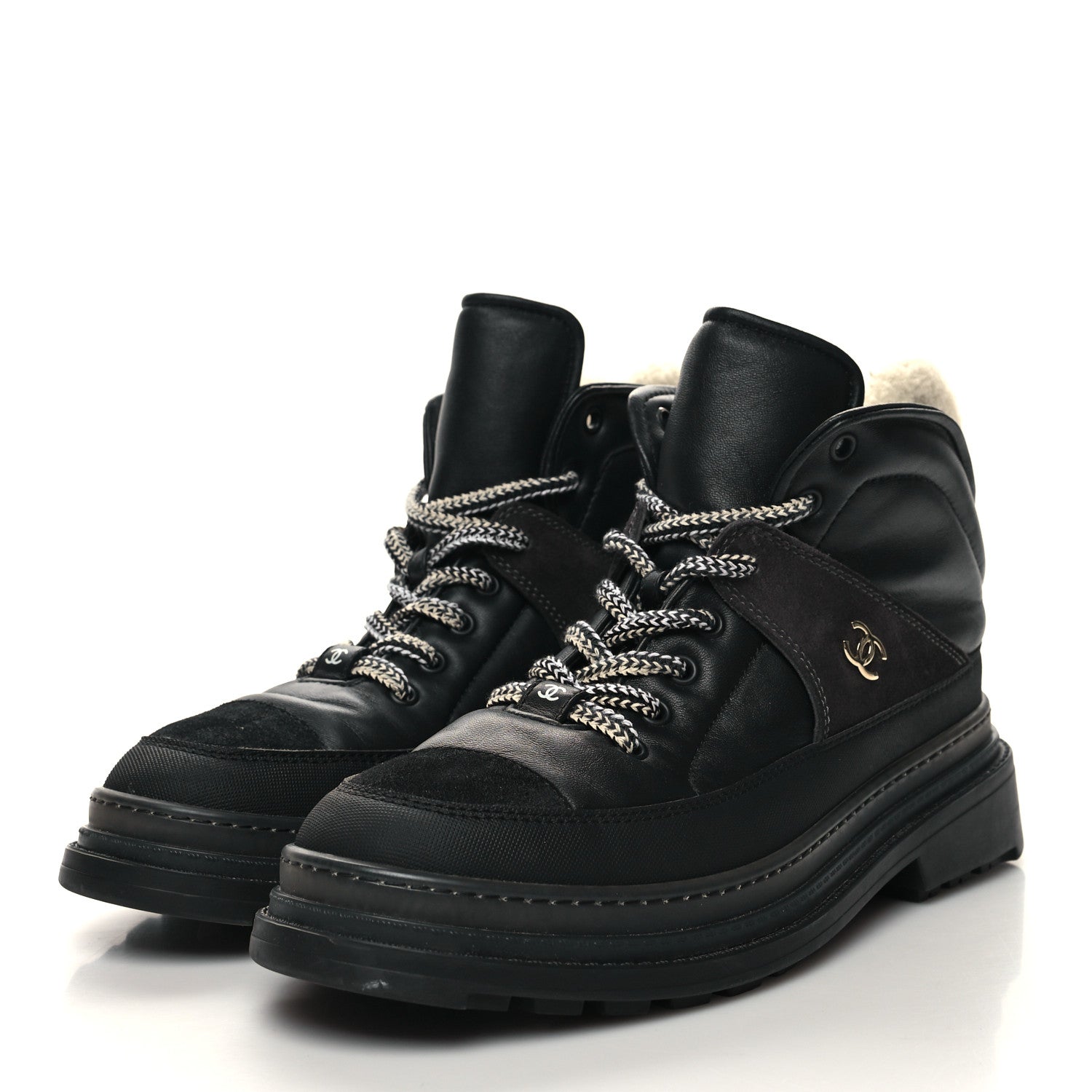 Chanel Lambskin Shearling Suede CC High Lace Up Boots 41.5 Black 3 of 8