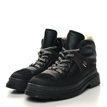 Chanel Lambskin Shearling Suede CC High Lace Up Boots 41.5 Black 3 of 8
