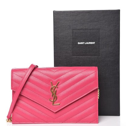 Saint Laurent Grain De Poudre Matelasse Chevron Monogram Envelope Chain Wallet Bubblegum 12 of 12