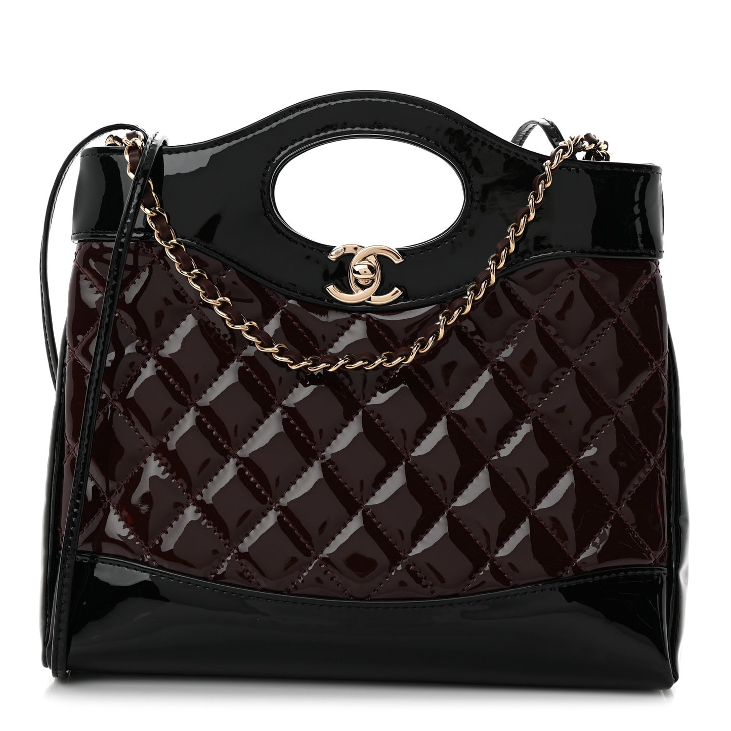 Patent Calfskin Quilted Mini 31 Shopping Bag Burgundy Black