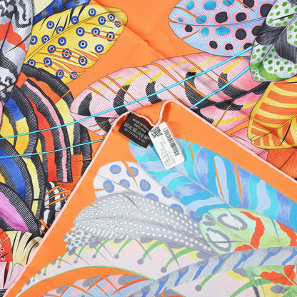 Hermes Silk Plumes En Fete Scarf 90 Orange Bleu Rose 6 of 6