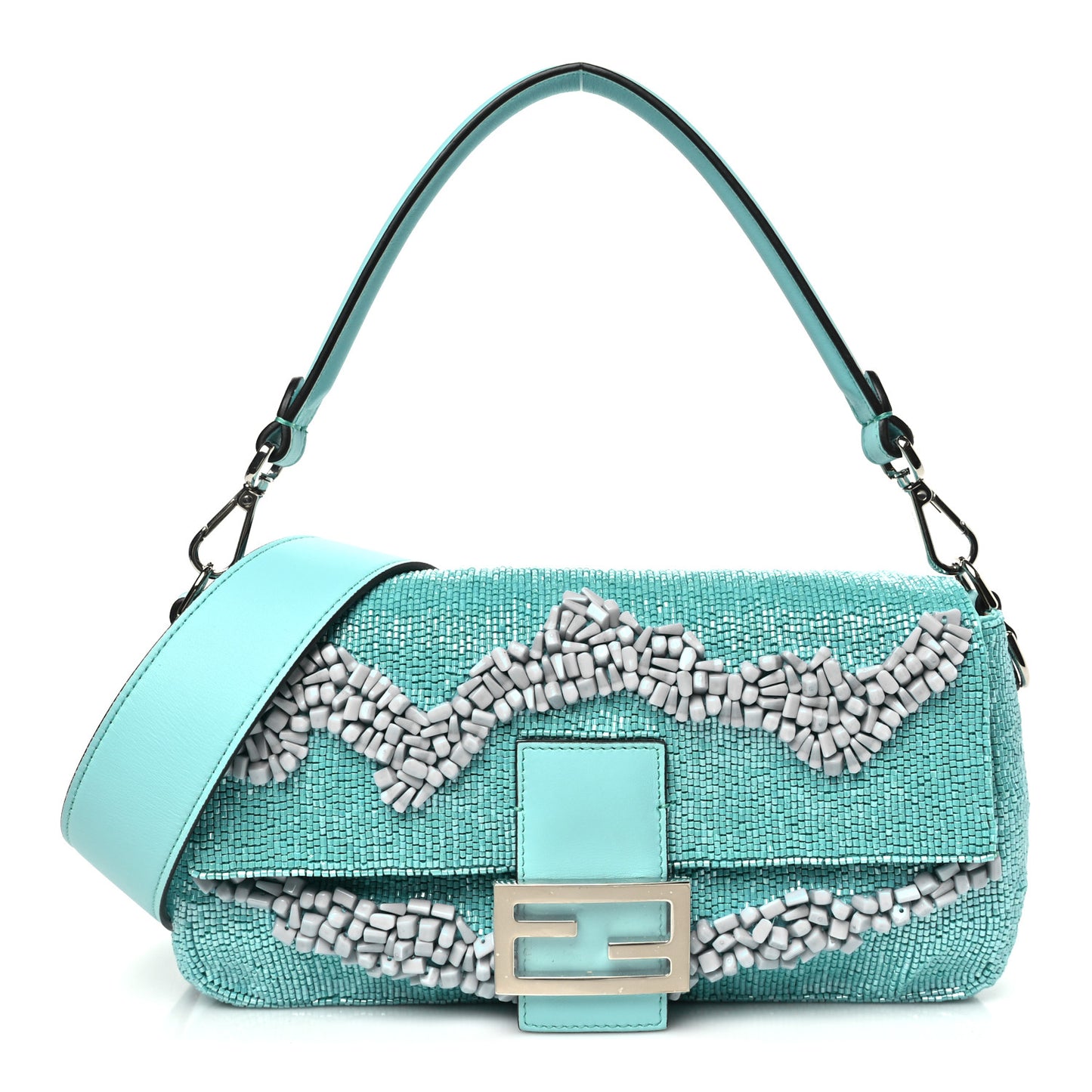 Rolling Stone Vitello Seta Bead Embroidered Re-Edition Baguette Spring Turquoise