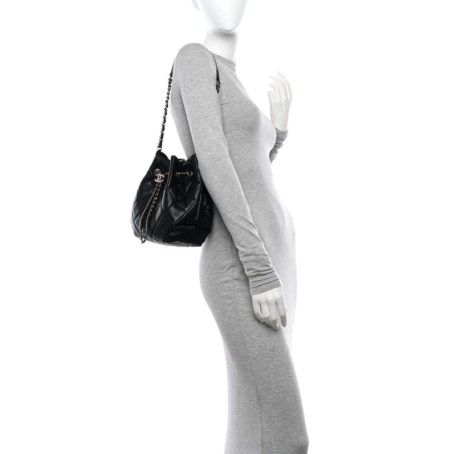 Lambskin Quilted Large CC Drawstring Bag Black
