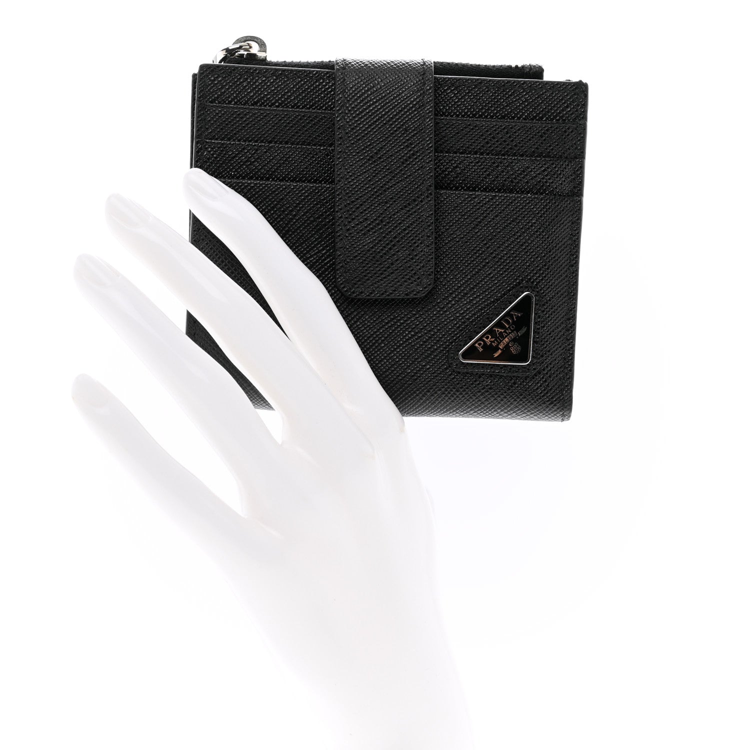 Prada Saffiano Metal Card Holder Compact Wallet Black 2 of 6
