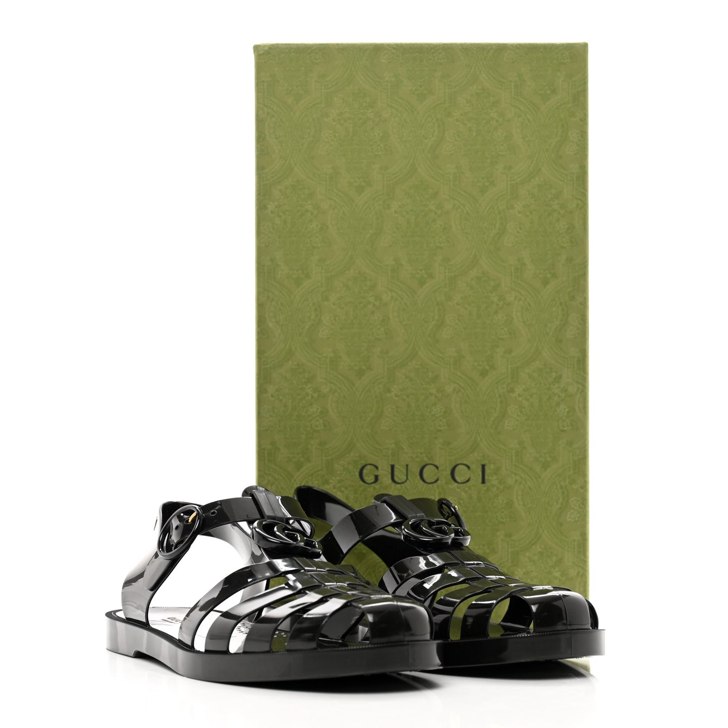Shiny Rubber Double G Buckle Strap Sandals 9 Black